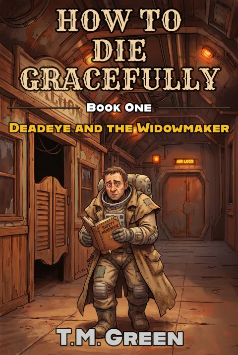 Deadeye and the Widowmaker cover: a spacesuited man reading in a saloon
