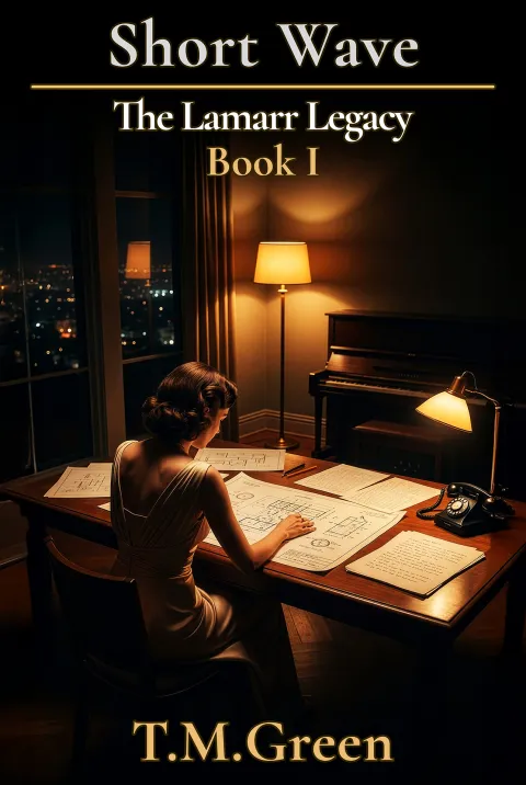 Short Wave cover: a woman working late at a desk covered in drawings