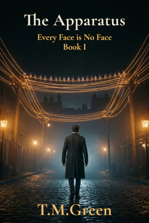The Apparatus cover: a figure on a cobbled street under sagging electric wires